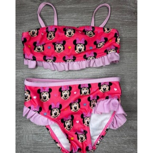 Disney Baby Other - Minnie Mouse Ruffle Bikini Swimsuit 2 Piece Pink Hearts Baby Girl 12M